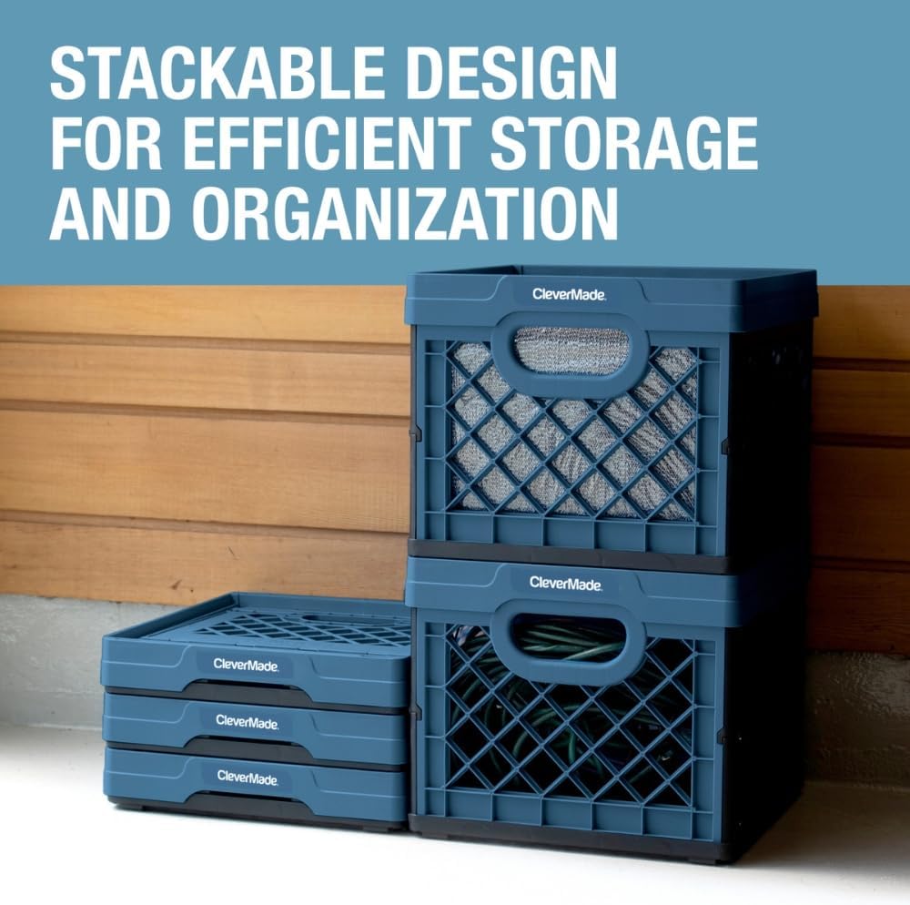 CleverMade Collapsible Milk Crate 25L (6.6 Gal). 50 lb Capacity Heavy Duty Folding Crate – Stackable Storage Crates with File Rails. Plastic Collapsible Crates - Obsidian - Image 6