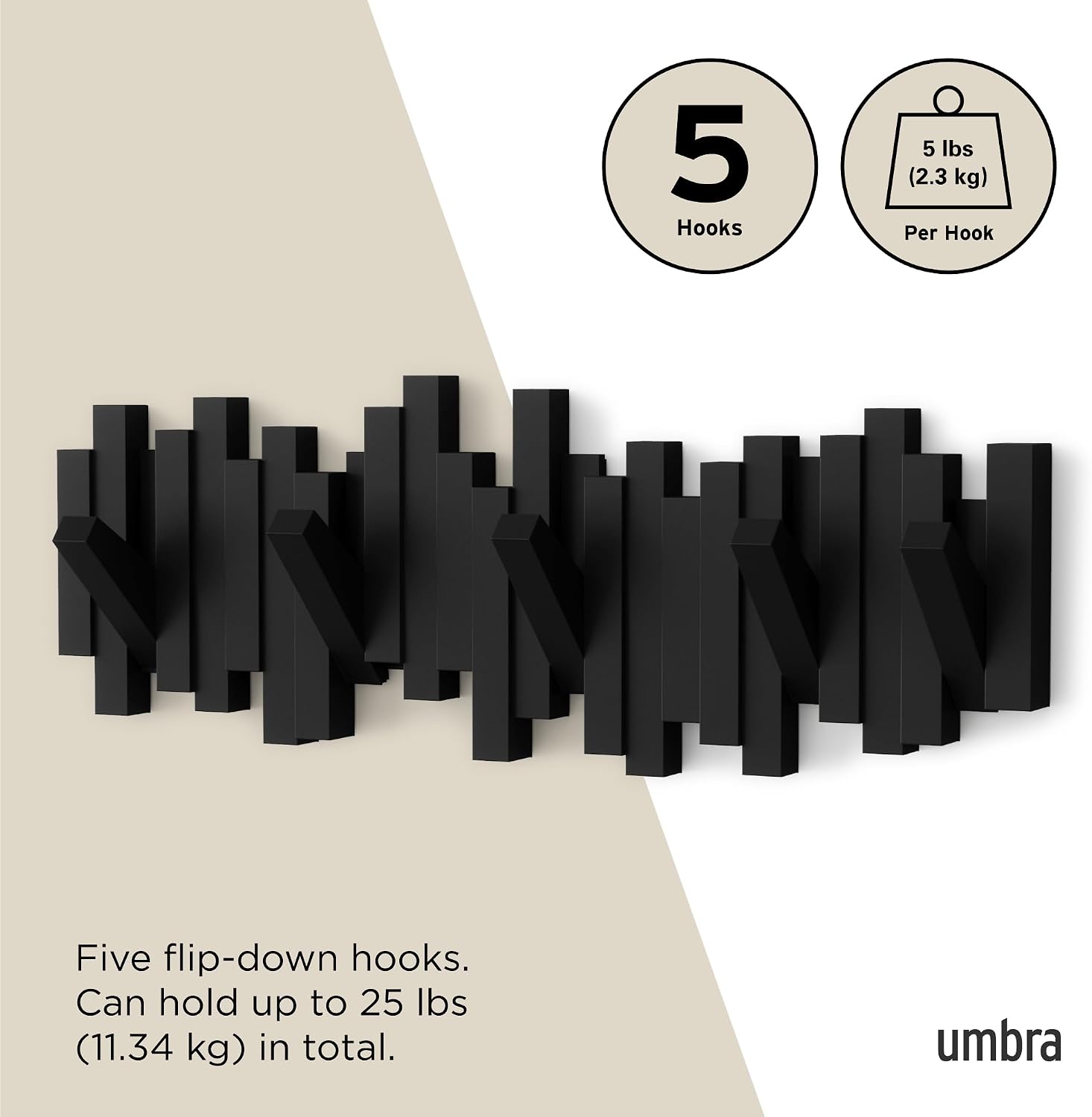 Umbra Sticks Wall-Mounted Coat Rack Rail Hook with 5 Retractable Pegs – Modern. Space-Saving Storage Organizer. Black - Image 5