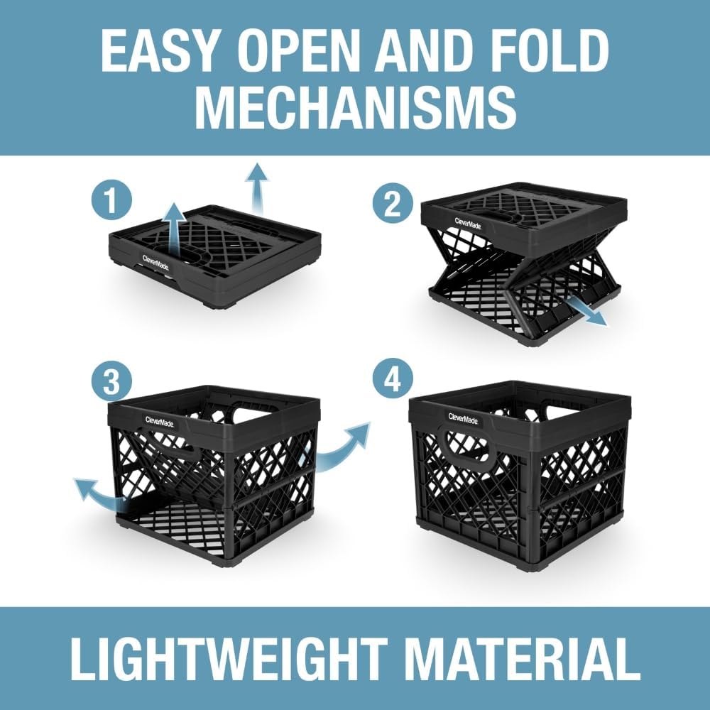 CleverMade Collapsible Milk Crate 25L (6.6 Gal). 50 lb Capacity Heavy Duty Folding Crate – Stackable Storage Crates with File Rails. Plastic Collapsible Crates - Obsidian - Image 7