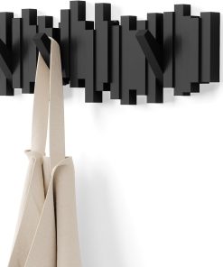 Umbra Sticks Wall-Mounted Coat Rack Rail Hook with 5 Retractable Pegs – Modern. Space-Saving Storage Organizer. Black