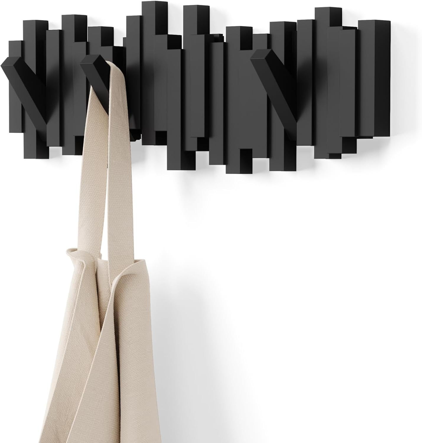 Umbra Sticks Wall-Mounted Coat Rack Rail Hook with 5 Retractable Pegs – Modern. Space-Saving Storage Organizer. Black