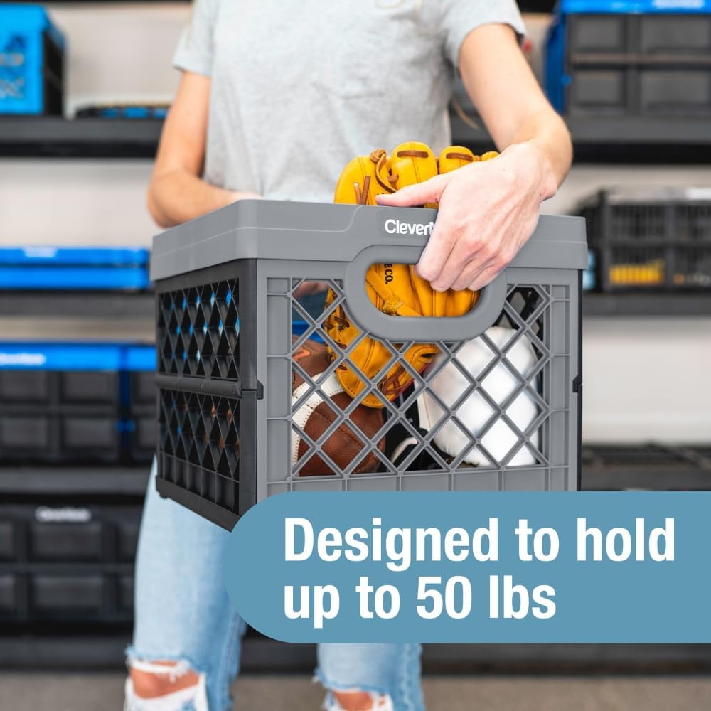 CleverMade Collapsible Milk Crate 25L (6.6 Gal). 50 lb Capacity Heavy Duty Folding Crate – Stackable Storage Crates with File Rails. Plastic Collapsible Crates - Obsidian - Image 3