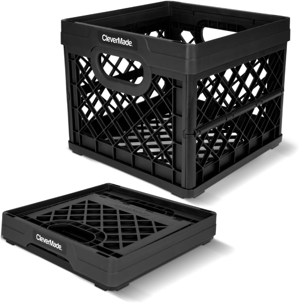 CleverMade Collapsible Milk Crate 25L (6.6 Gal). 50 lb Capacity Heavy Duty Folding Crate – Stackable Storage Crates with File Rails. Plastic Collapsible Crates - Obsidian