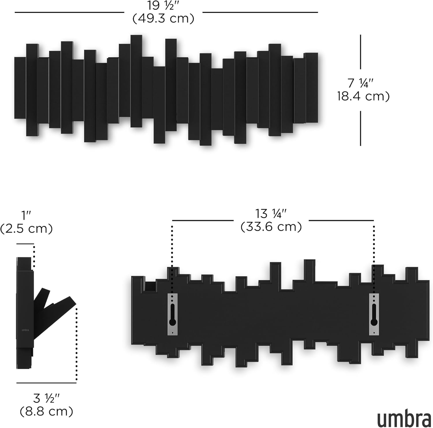 Umbra Sticks Wall-Mounted Coat Rack Rail Hook with 5 Retractable Pegs – Modern. Space-Saving Storage Organizer. Black - Image 3