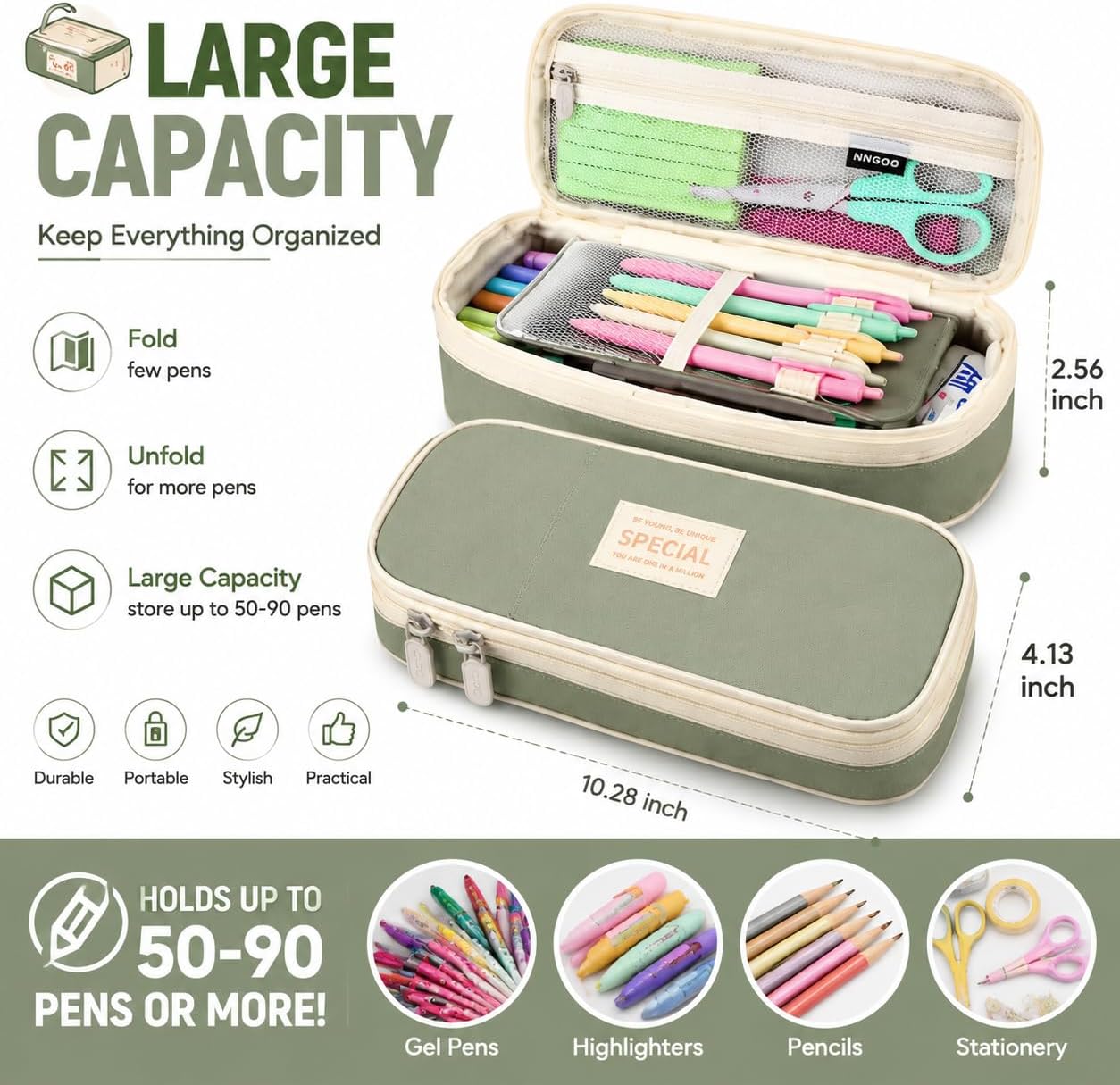 PUPTILY Pencil Case. Large Capacity Aesthetic Pencil Cases with Durable Zipper. Big Stationery Pencil Pouch for Women & Men. Adults Portable Storage Organizer Bag for College. Office. Travel (Green) - Image 2
