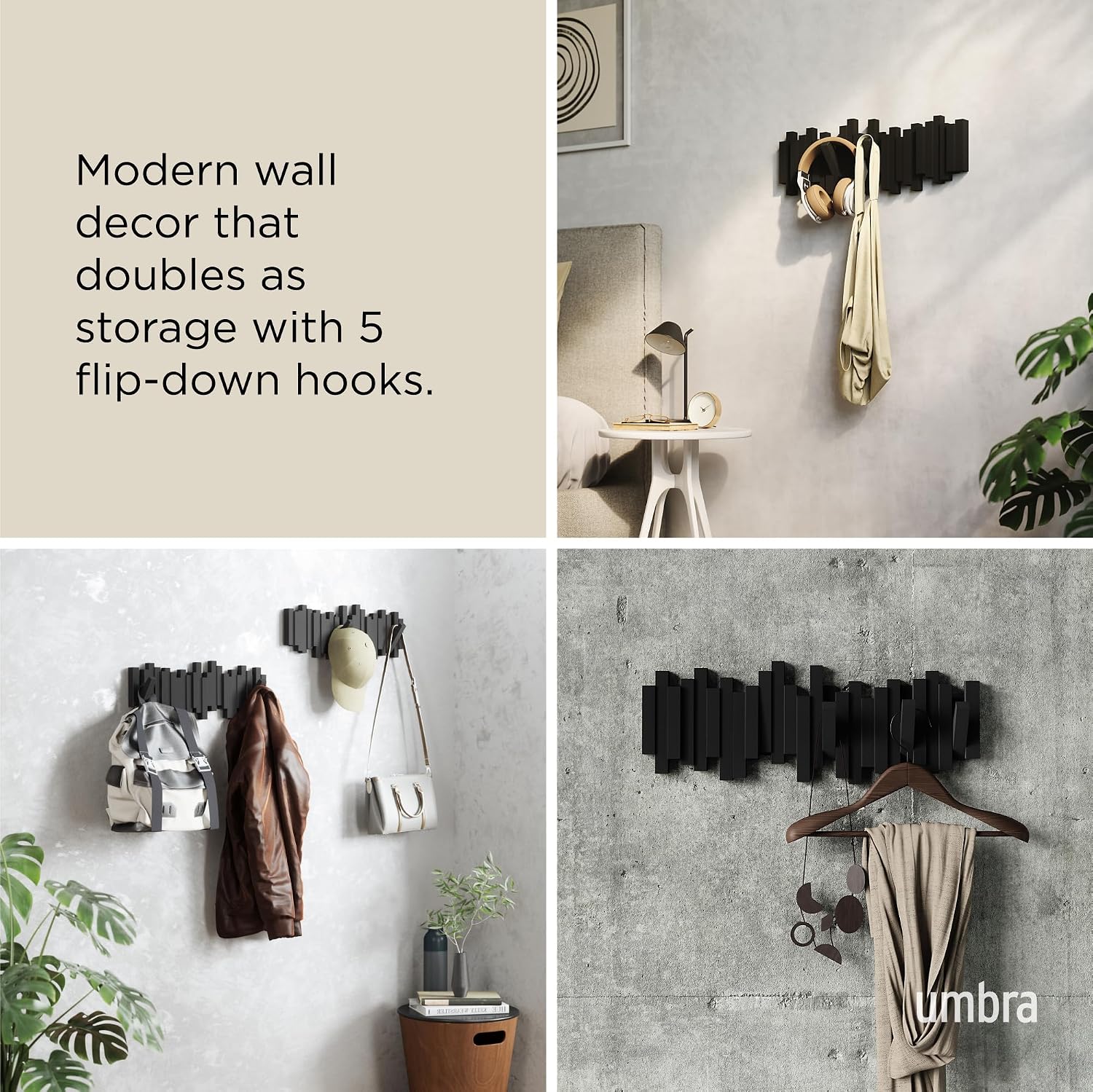 Umbra Sticks Wall-Mounted Coat Rack Rail Hook with 5 Retractable Pegs – Modern. Space-Saving Storage Organizer. Black - Image 4