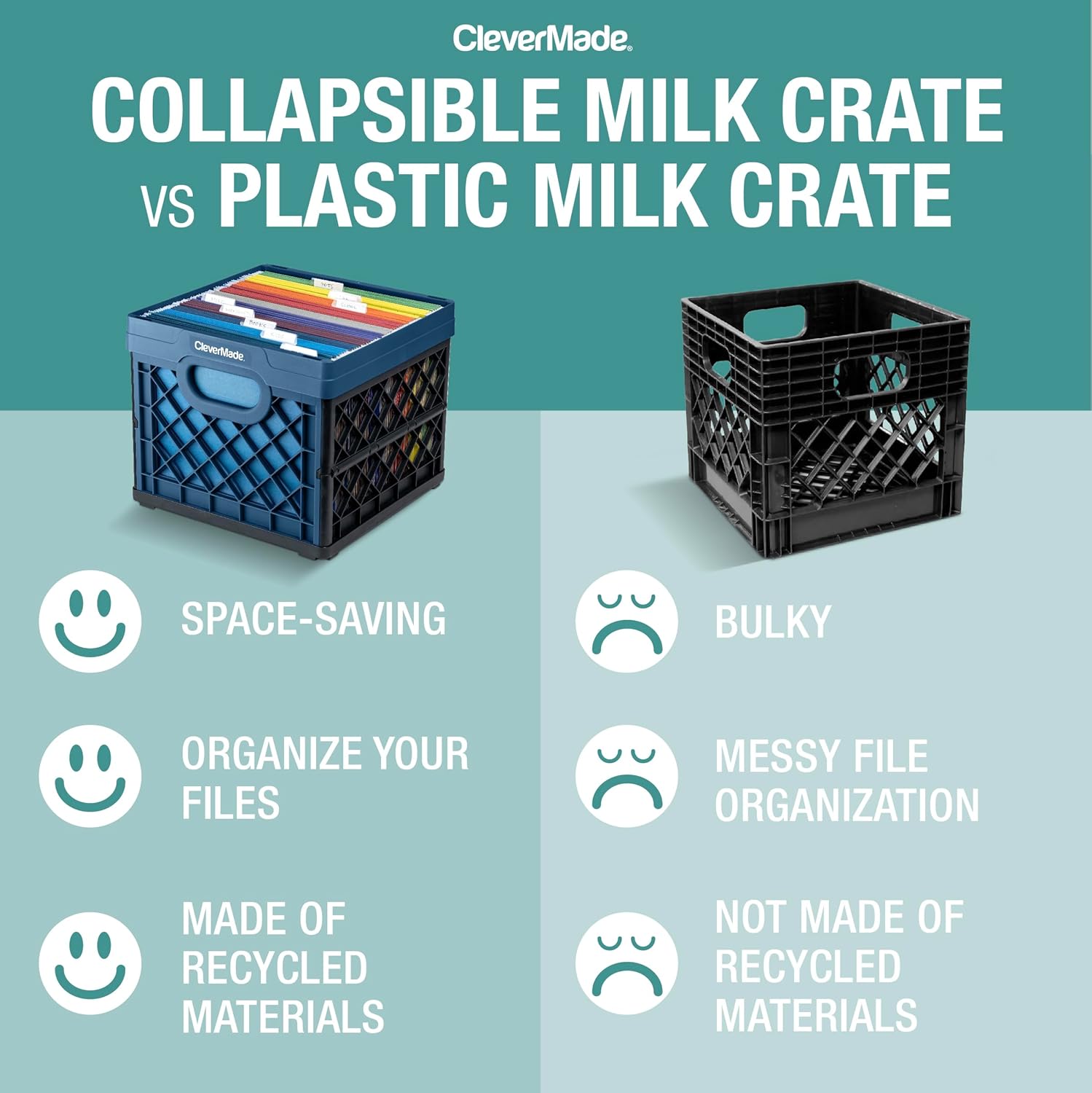 CleverMade Collapsible Milk Crate 25L (6.6 Gal). 50 lb Capacity Heavy Duty Folding Crate – Stackable Storage Crates with File Rails. Plastic Collapsible Crates - Obsidian - Image 2